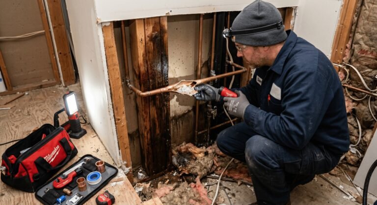Leak located and opened up for a copper water line repair inside a wall