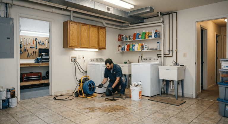 Dallas plumber from Bulwark Plumbing cabling a blocked laundry room drain