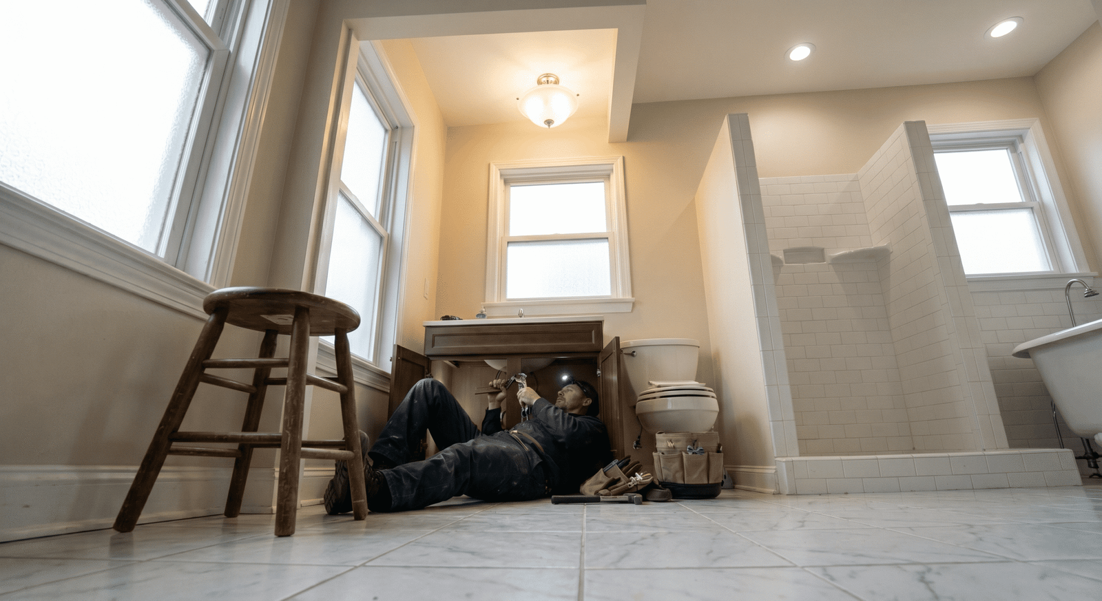 Licensed Bulwark Plumbing technician completing a bathroom fixture repair