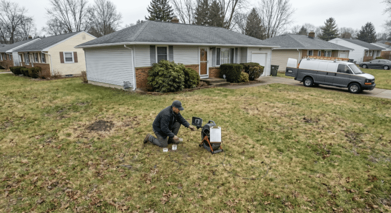 Dallas plumber locating a sewer line with a camera locator in a front yard