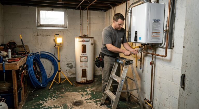Licensed Dallas plumber installing a tankless water heater